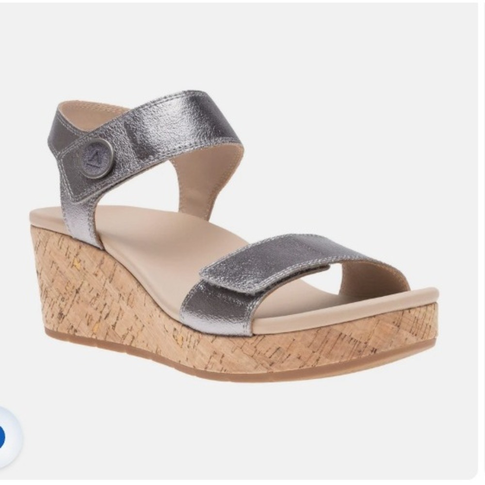 ABEO Riviera Strap Wedge Sandals Pewter Metallic Leather Cork Women 10 Neutral